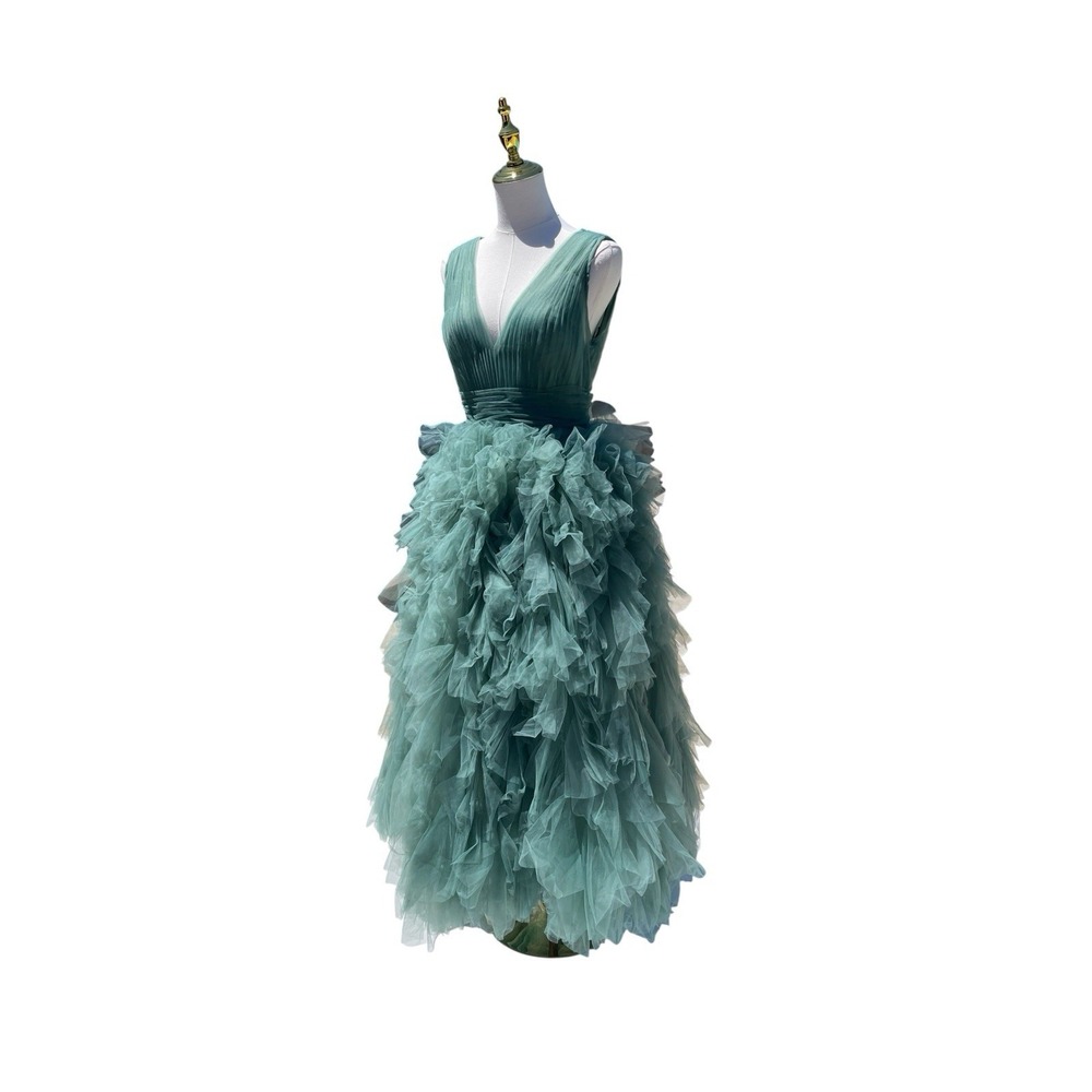 Mac Duggal 20411 Jade Green Tiered Ruffle Tulle Midi Dress Size 4 $598 - Picture 8 of 10